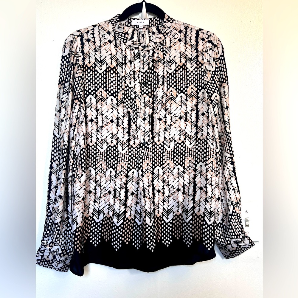 Reiss Black and White Graphic Long Sleeve Blouse